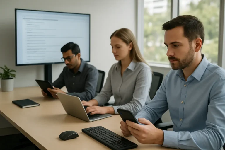 Australian office team reviewing call summaries, tickets and caller details on screens