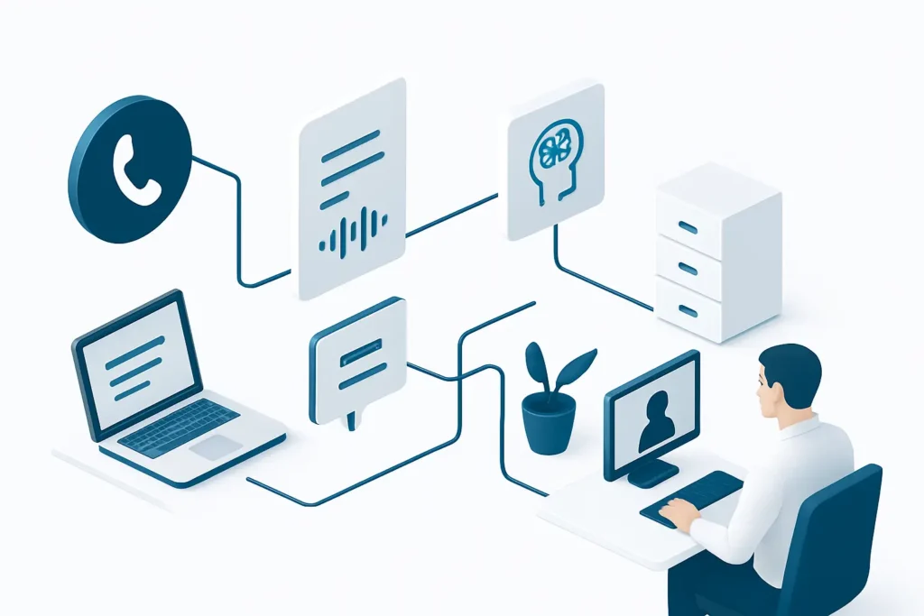 Isometric call workflow showing audio, AI analysis and job sheet creation