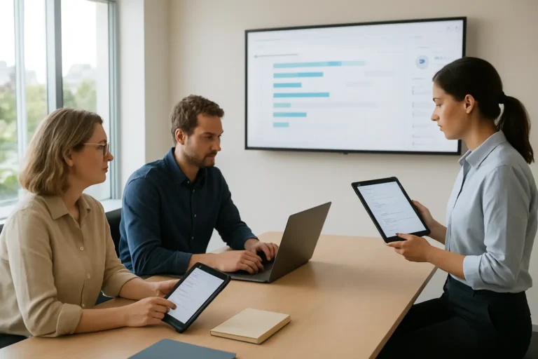 Australian team reviewing organised conversation records and an AI chat dashboard in a modern office