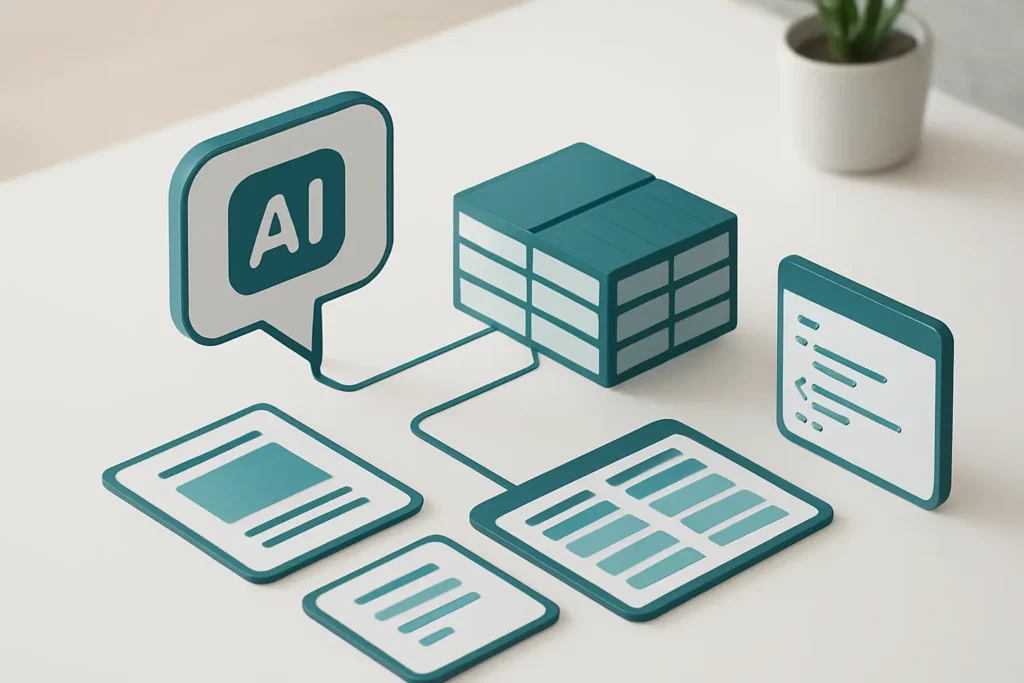 Isometric illustration of AI chat feeding project tables and helper scripts