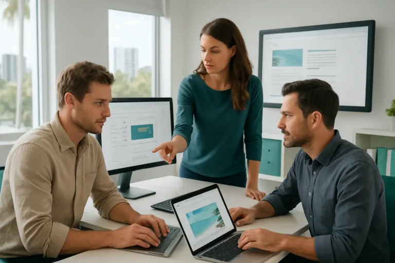 Australian small business team reviewing automated media tasks and WordPress content in a modern office