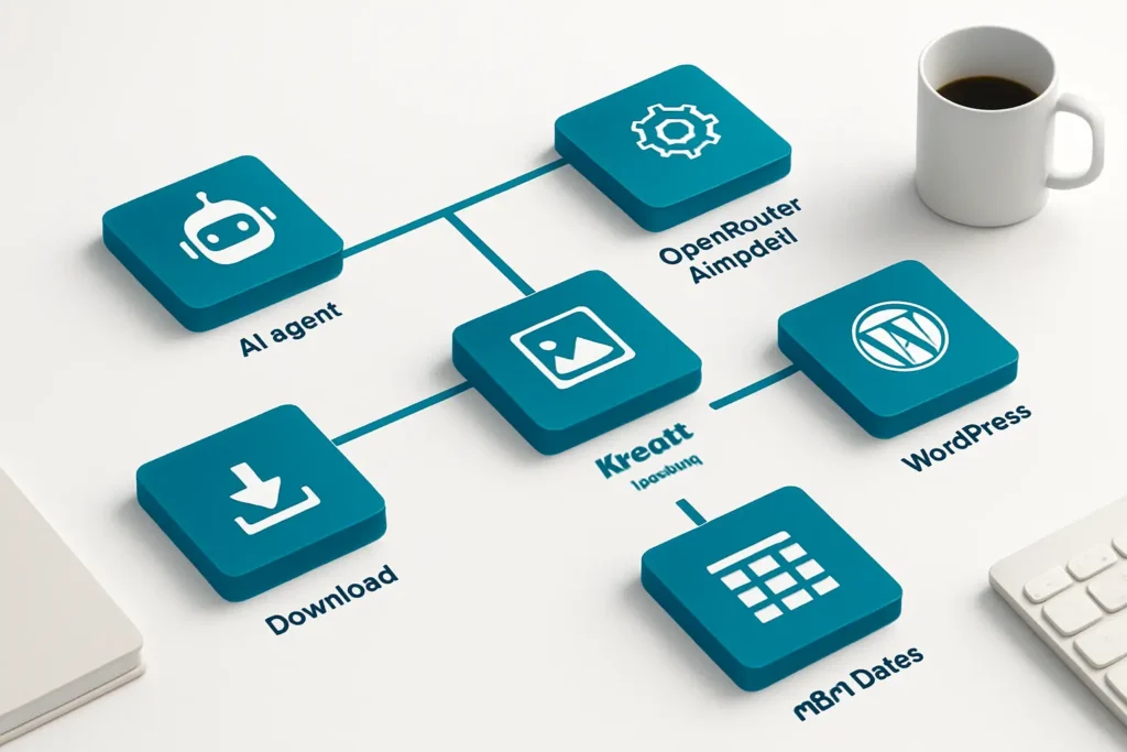 Isometric workflow diagram showing AI media production from task to publishing