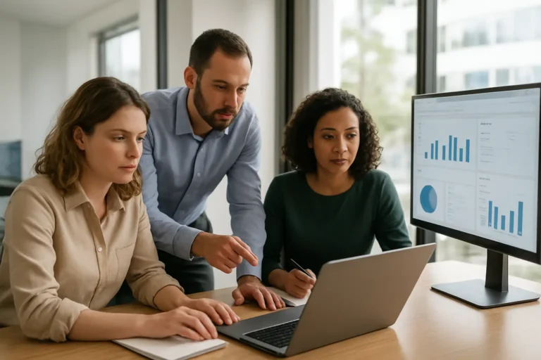 Australian office team reviewing automated client assessments and onboarding records on screens