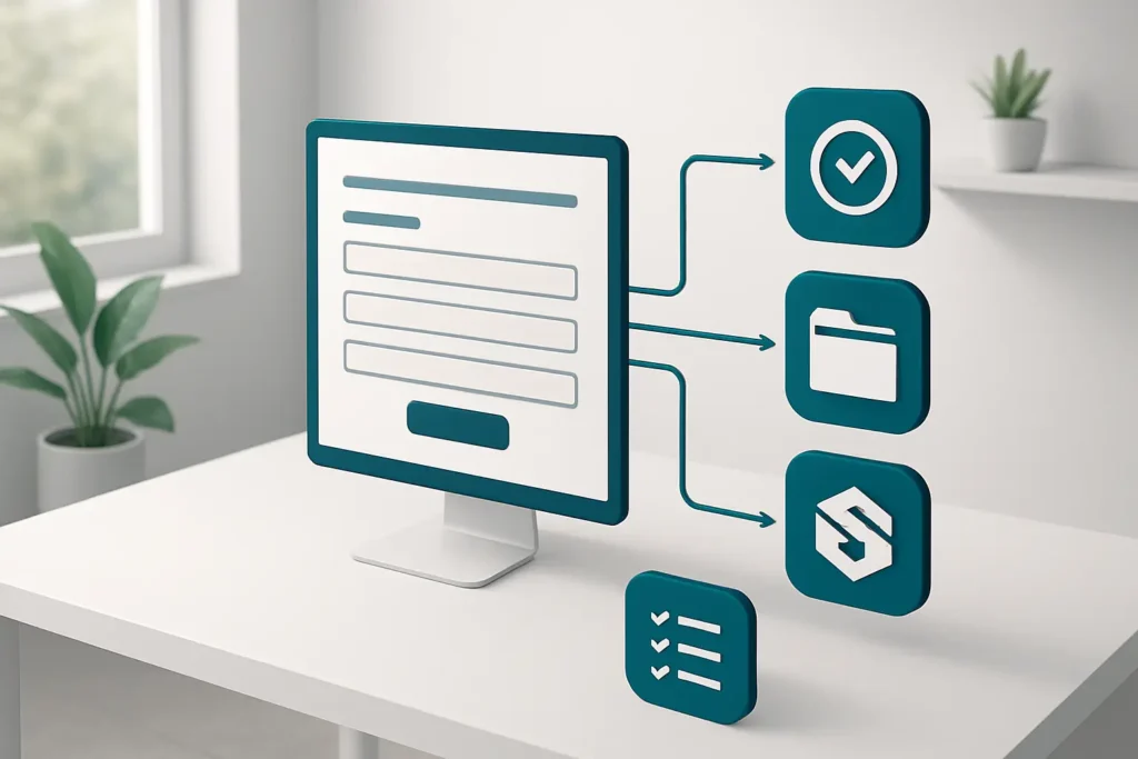Isometric workflow showing forms, scoring, archiving and follow-up automation