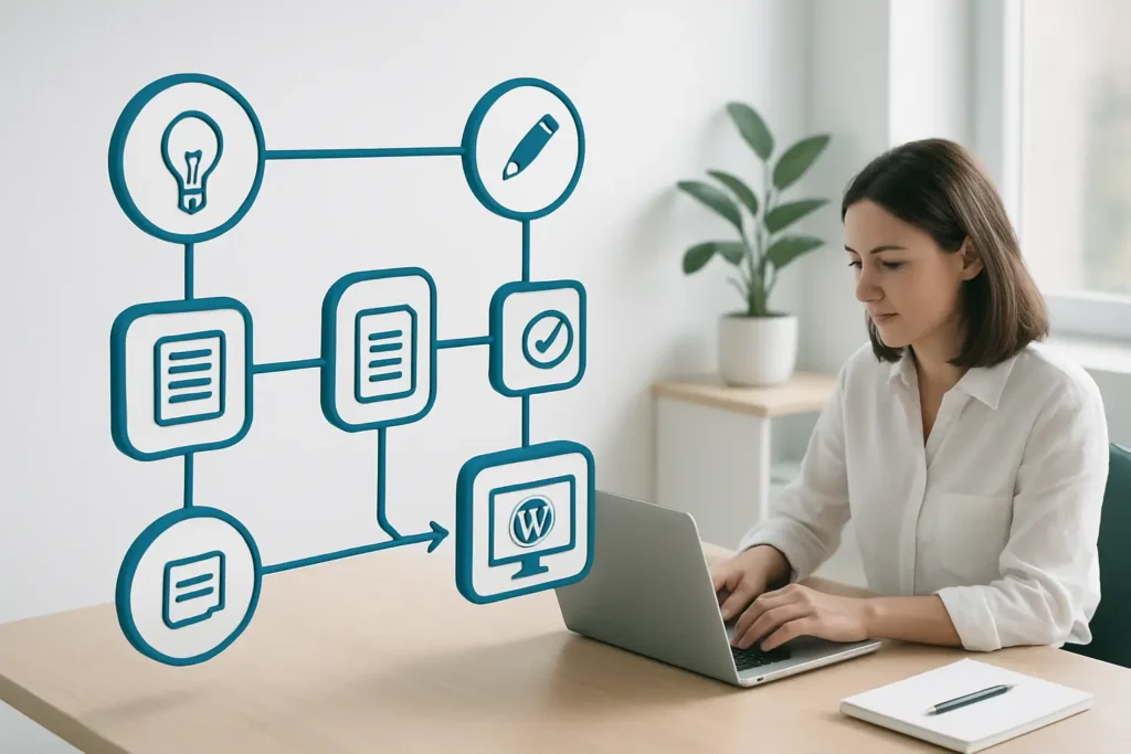 Isometric content workflow diagram in teal on white