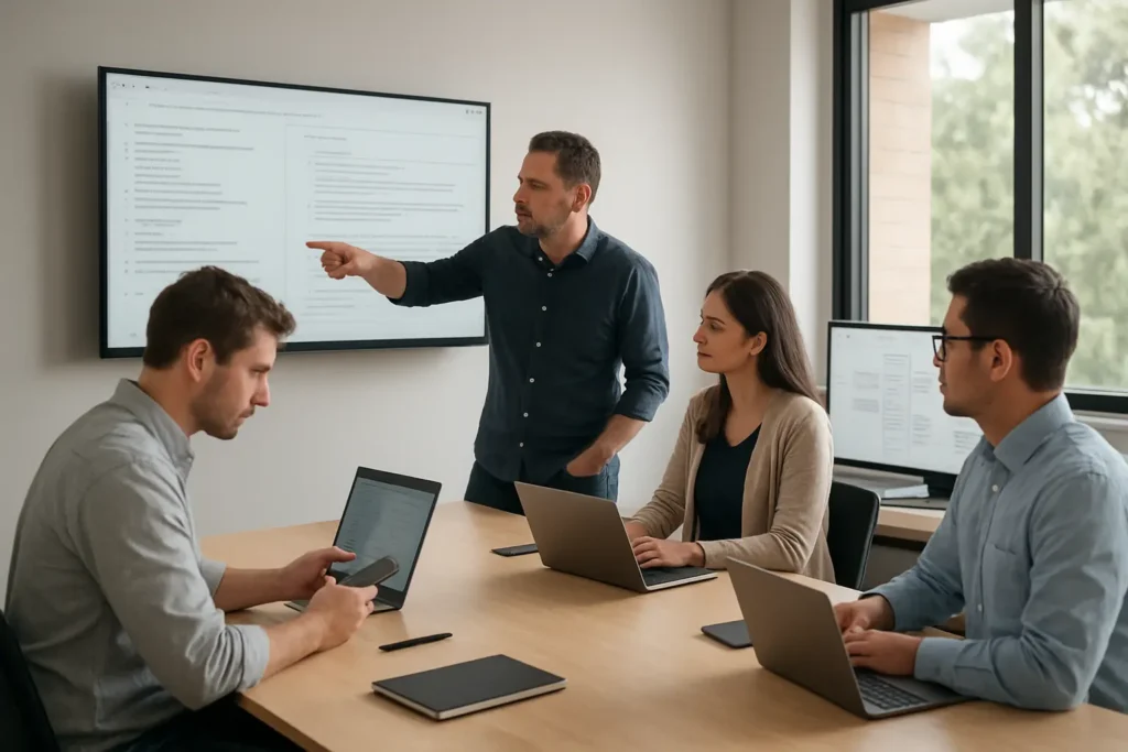 Australian IT team reviewing documentation updates and workflow summaries in a modern office
