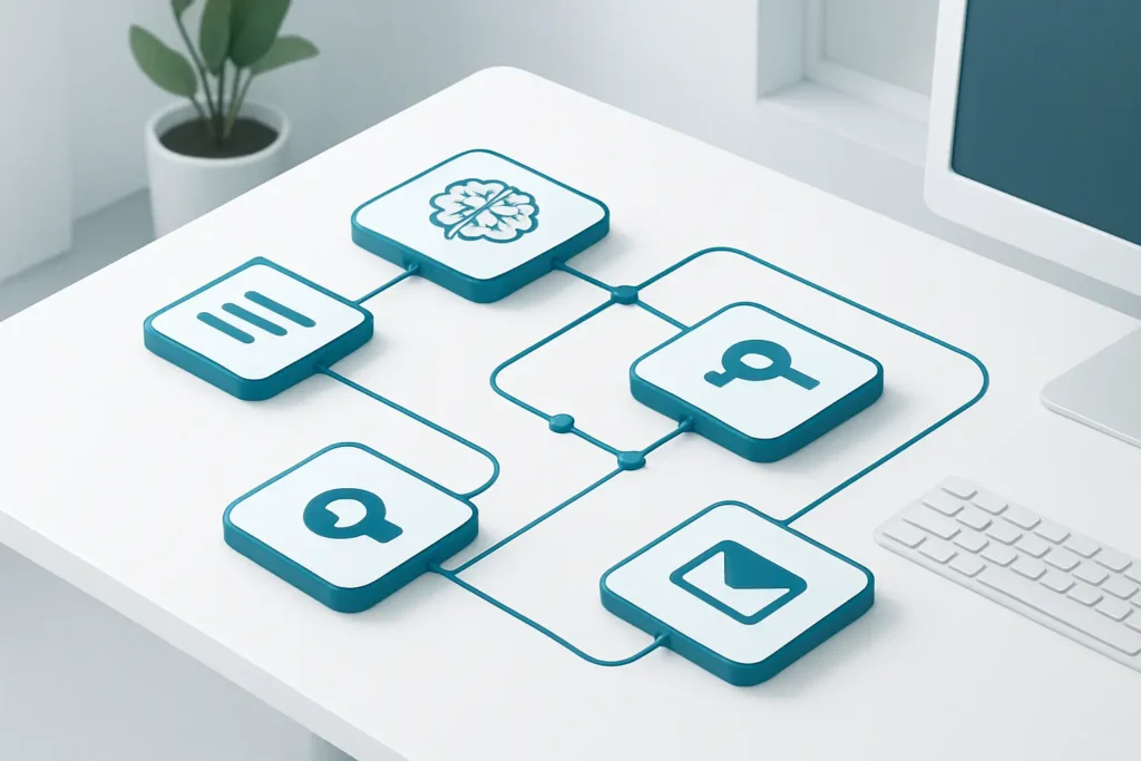 Isometric workflow showing notes, AI classification, sync and reporting