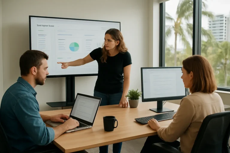 Australian support team reviewing KB automation on screens in a modern office