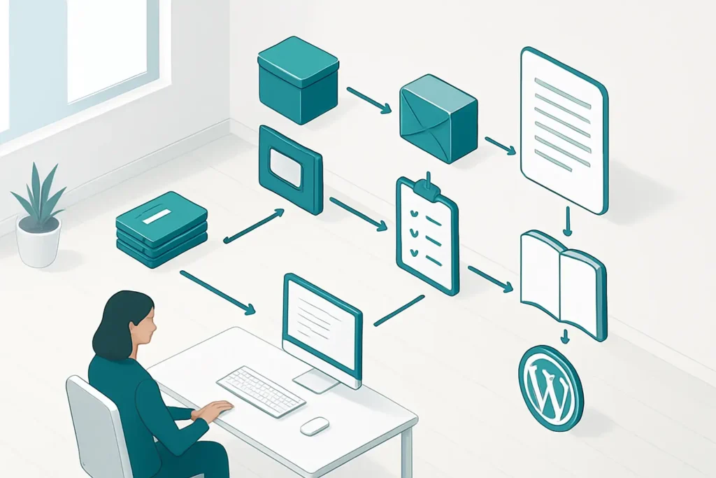 Isometric workflow showing tickets, approvals and published knowledge base content