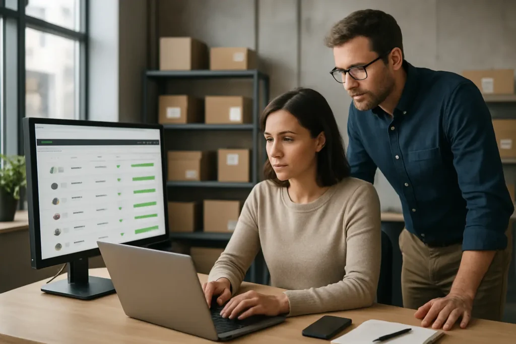 Australian office team reviewing product lookup results on a laptop and monitor