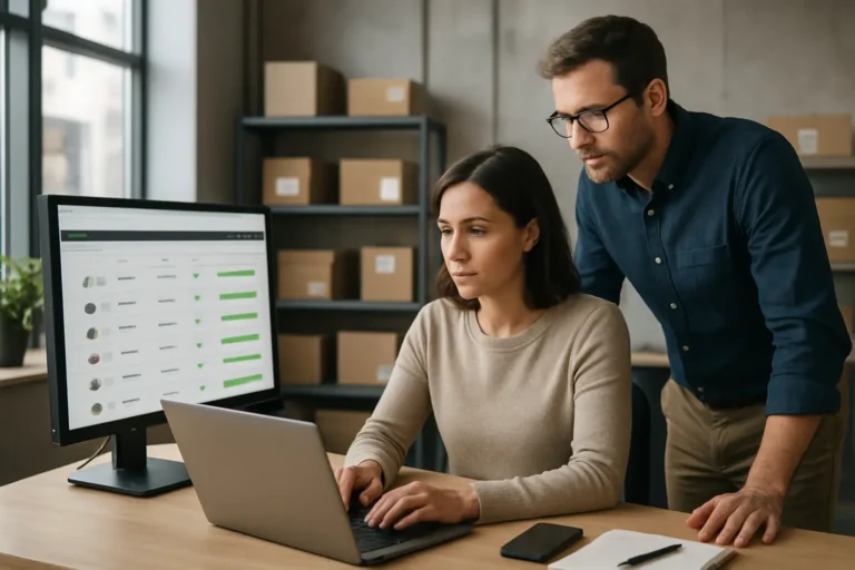 Australian office team reviewing product lookup results on a laptop and monitor