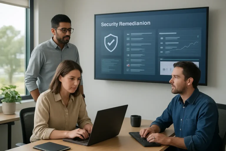 Australian IT team reviewing security remediation approvals on office screens