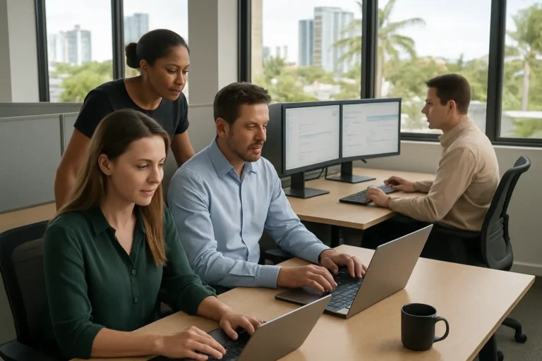 Australian service desk team reviewing automated ticket workflows in a modern office