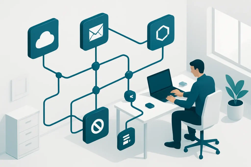 Isometric service desk automation diagram linking ConnectWise, Outlook and GlassHive