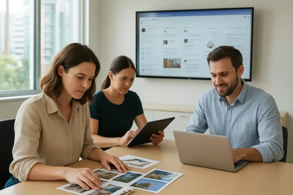 Australian team reviewing social comments, approvals and publishing on screens in a modern office