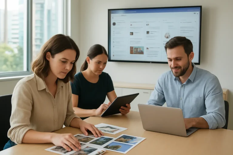 Australian marketing team reviewing social posts, approvals and comments on screens in a modern office