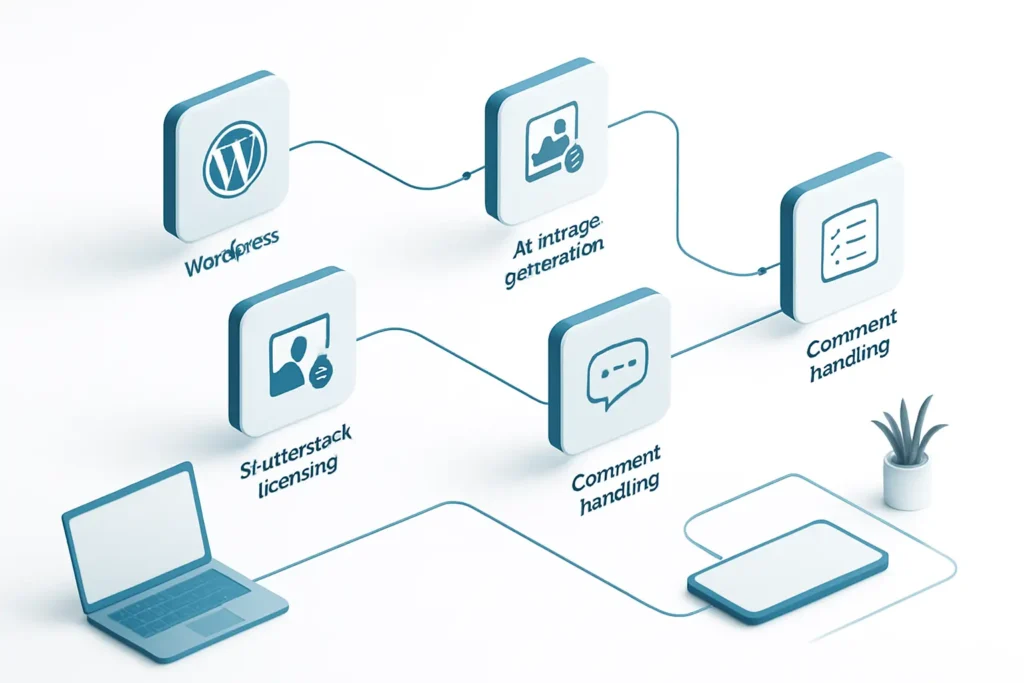 Isometric social media workflow showing comments, approvals and scheduled publishing