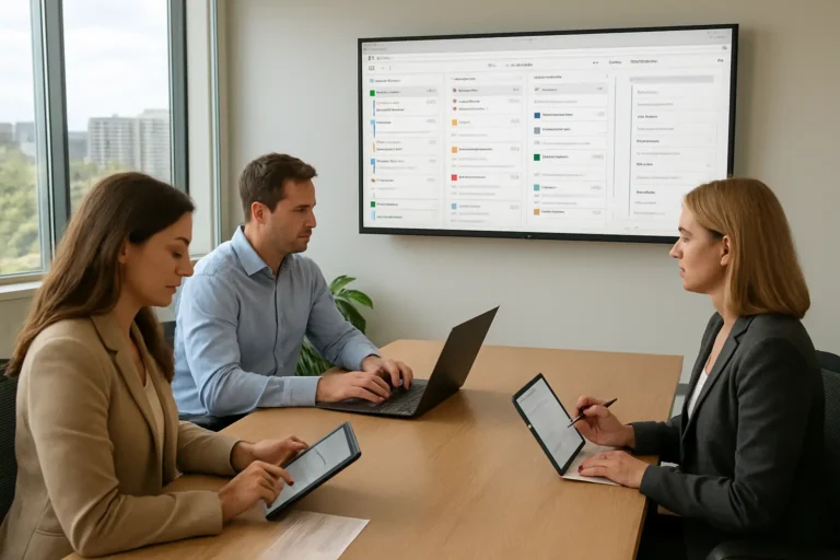 Australian office team reviewing task automation, inbox priorities and Planner reminders on shared screens
