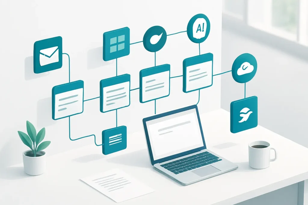 Isometric workflow showing inbox, Planner, To Do and Xero connected by task automation