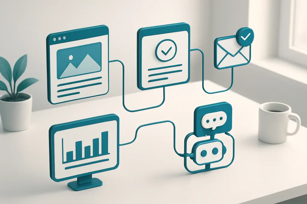 Isometric website operations automation diagram in teal on white
