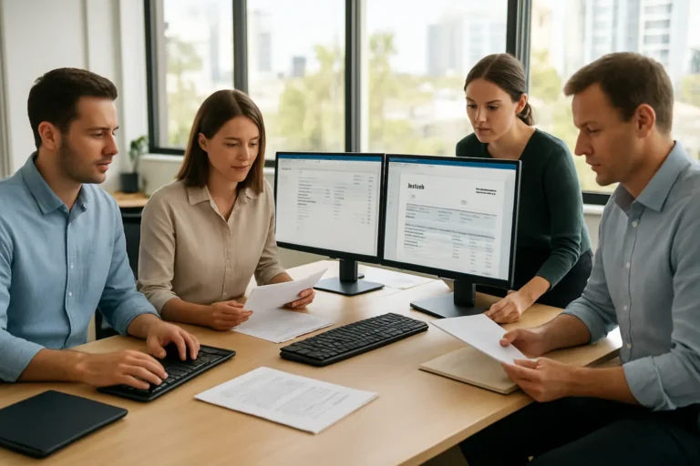 Australian finance team reviewing invoices and Xero approvals in a modern office